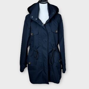 Orolay Women's Navy Hooded Trench Coat Lightweight Jacket with Stand Collar Med.